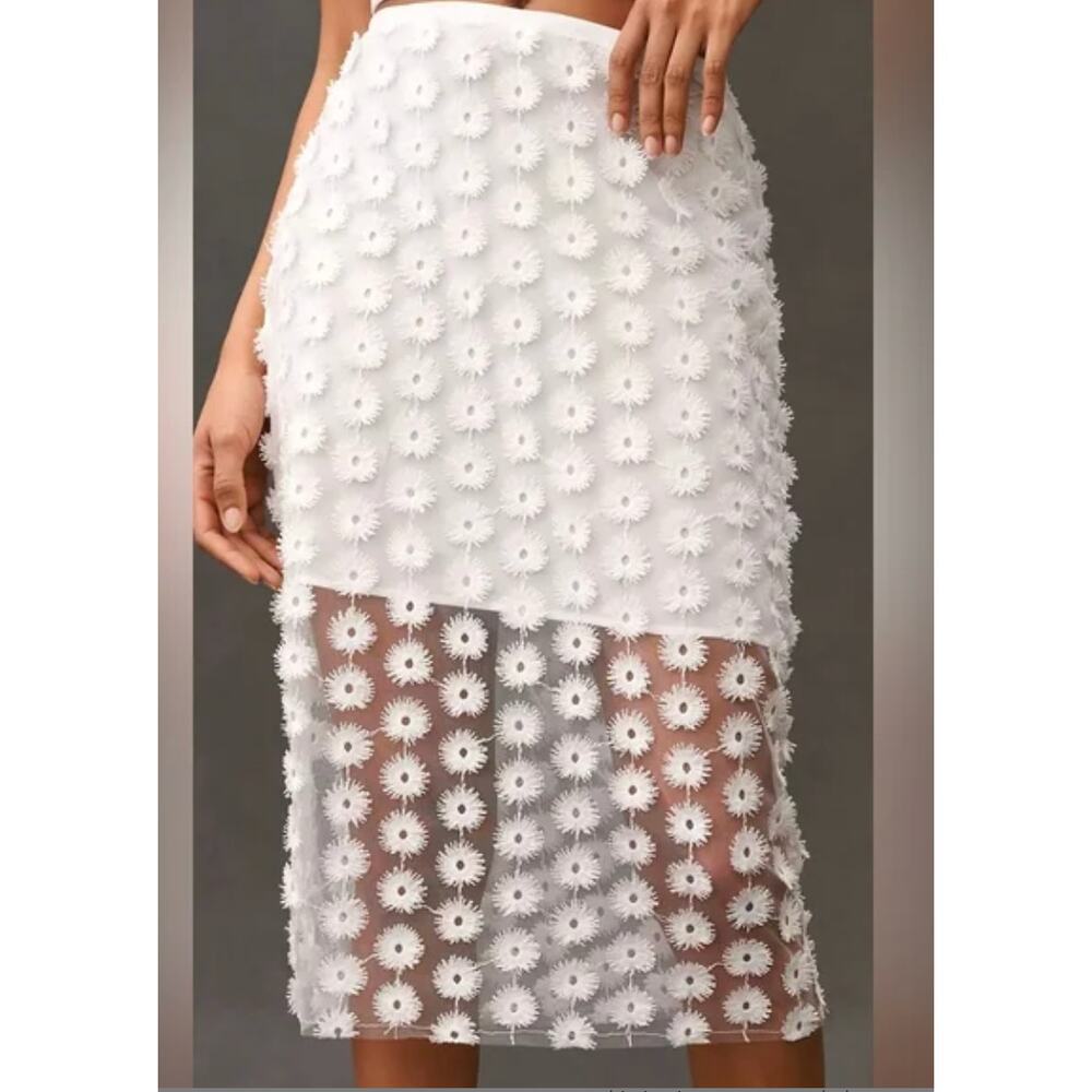 By Anthropologie 3D Texture Sheer Slip Midi Skirt | L, White Floral - Picture 4 of 8